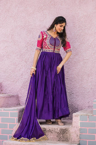 Fancy Royal Blue Color Pure Chinon With Pure Bandhrej Work Beautiful Gown