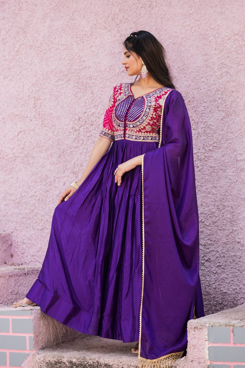 Fancy Royal Blue Color Pure Chinon With Pure Bandhrej Work Beautiful Gown