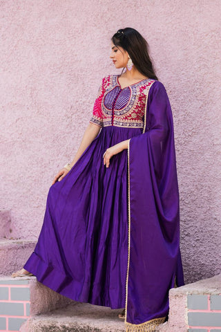Fancy Royal Blue Color Pure Chinon With Pure Bandhrej Work Beautiful Gown
