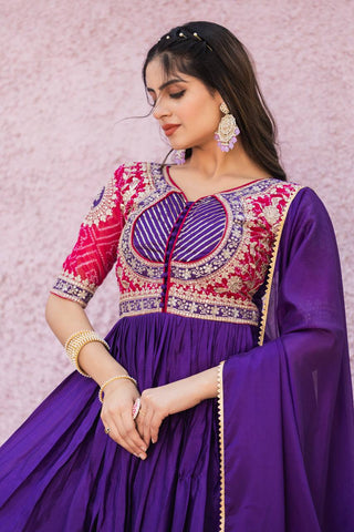 Fancy Royal Blue Color Pure Chinon With Pure Bandhrej Work Beautiful Gown