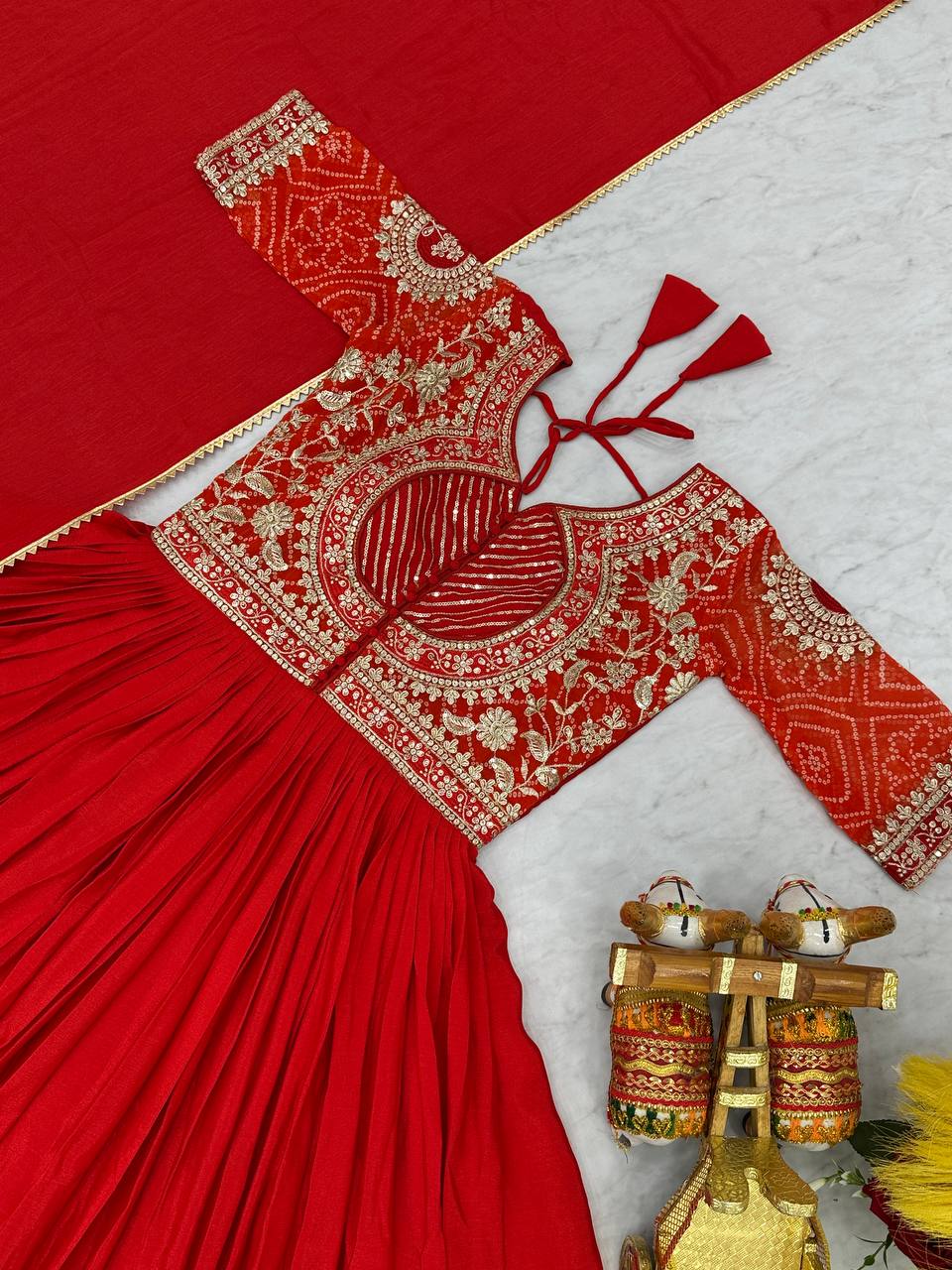 Stylish Red Color Pure Chinon With Pure Bandhrej Work Beautiful Gown