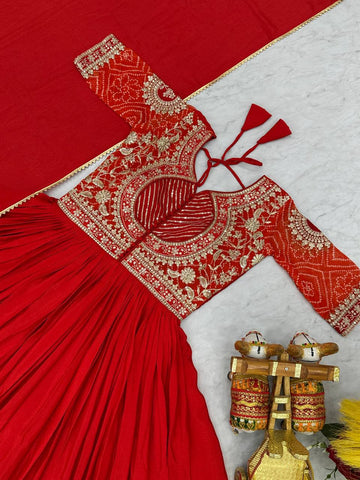 Stylish Red Color Pure Chinon With Pure Bandhrej Work Beautiful Gown