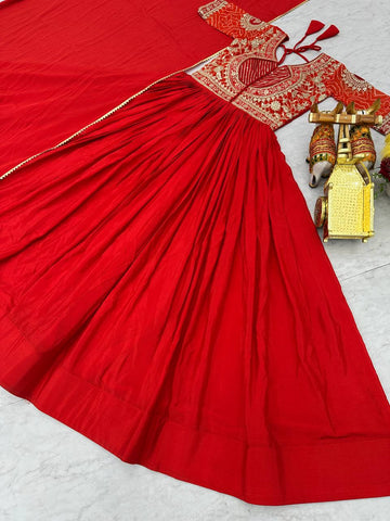 Stylish Red Color Pure Chinon With Pure Bandhrej Work Beautiful Gown
