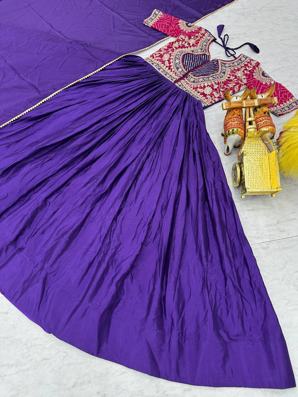 Fancy Royal Blue Color Pure Chinon With Pure Bandhrej Work Beautiful Gown