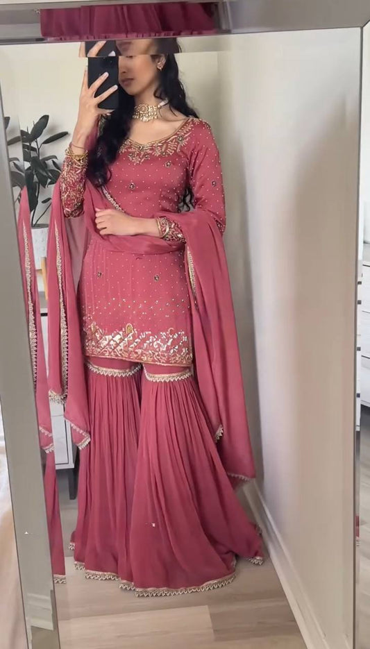 Marvelous Baby Pink Gold Crush With Heavy Embroidery Sequence Work Sharara Suit