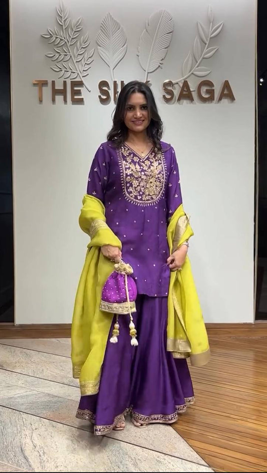 Function Wear Purple Color Heavy Pure Chinon Silk With 5mm Embroidery Sequence Work Palazzo Suit
