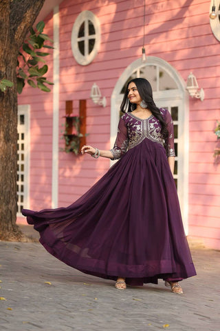 Fabulous Wine Color Faux Georgette With Sequence Work Beautiful Gown