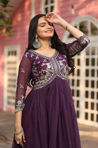 Fabulous Wine Color Faux Georgette With Sequence Work Beautiful Gown