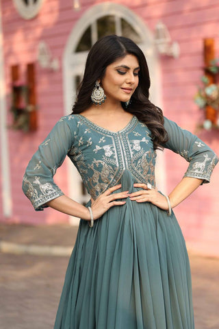 Fabulous Auqa Green Color Faux Georgette With Sequence Work Beautiful Gown