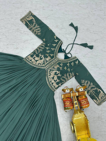 Fabulous Auqa Green Color Faux Georgette With Sequence Work Beautiful Gown