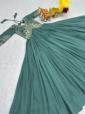 Fabulous Auqa Green Color Faux Georgette With Sequence Work Beautiful Gown