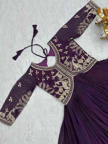 Fabulous Wine Color Faux Georgette With Sequence Work Beautiful Gown