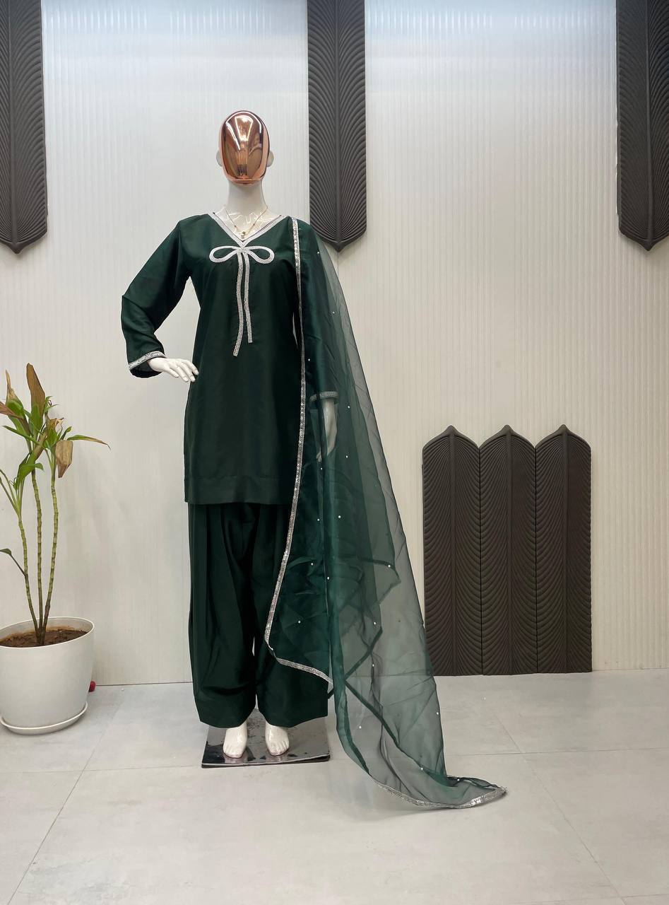 Mesmerizing Green Color French Crepe With Beads Work Designer Salwar Suit