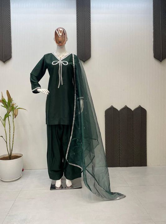 Mesmerizing Green Color French Crepe With Beads Work Designer Salwar Suit