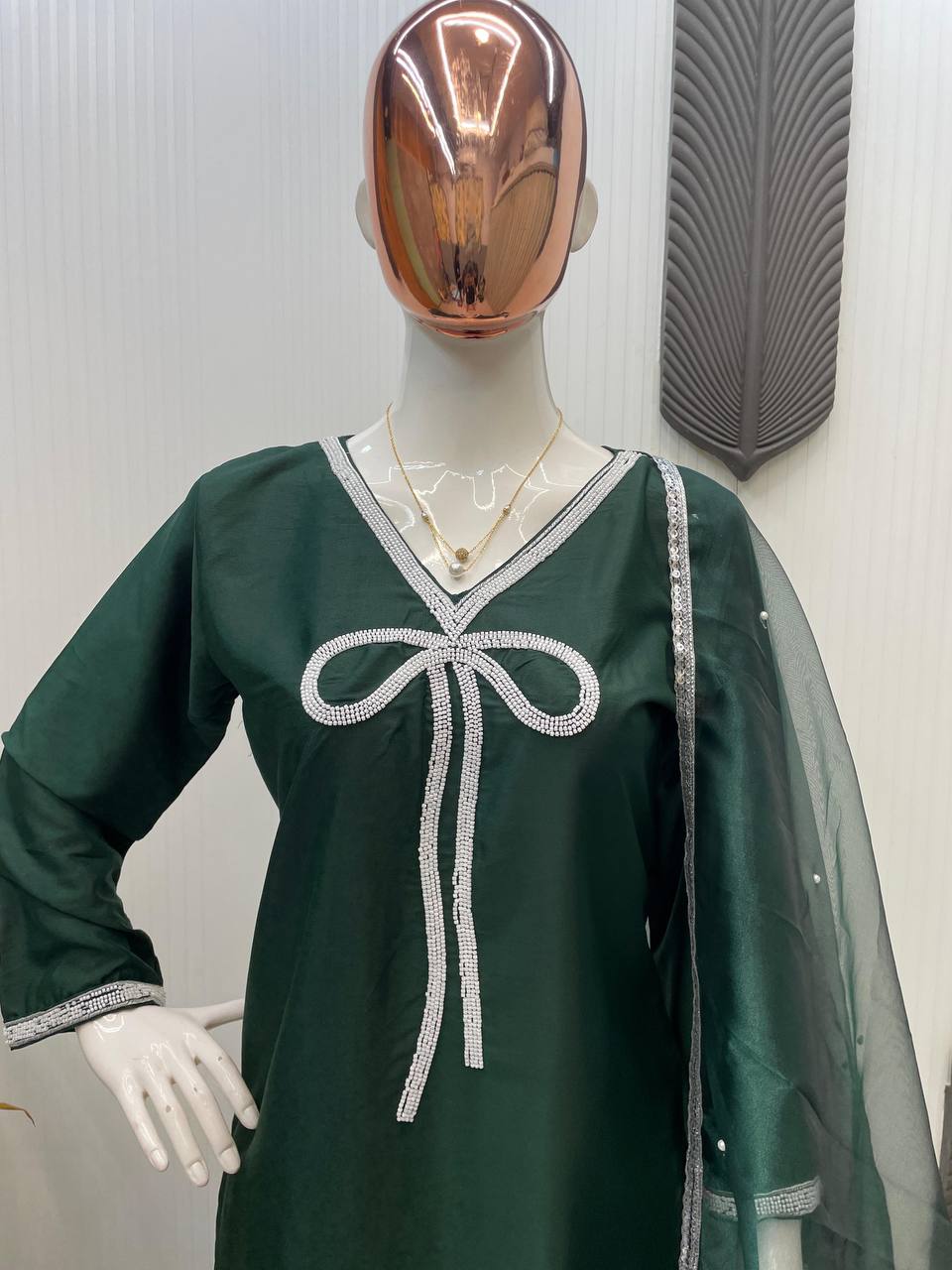 Mesmerizing Green Color French Crepe With Beads Work Designer Salwar Suit