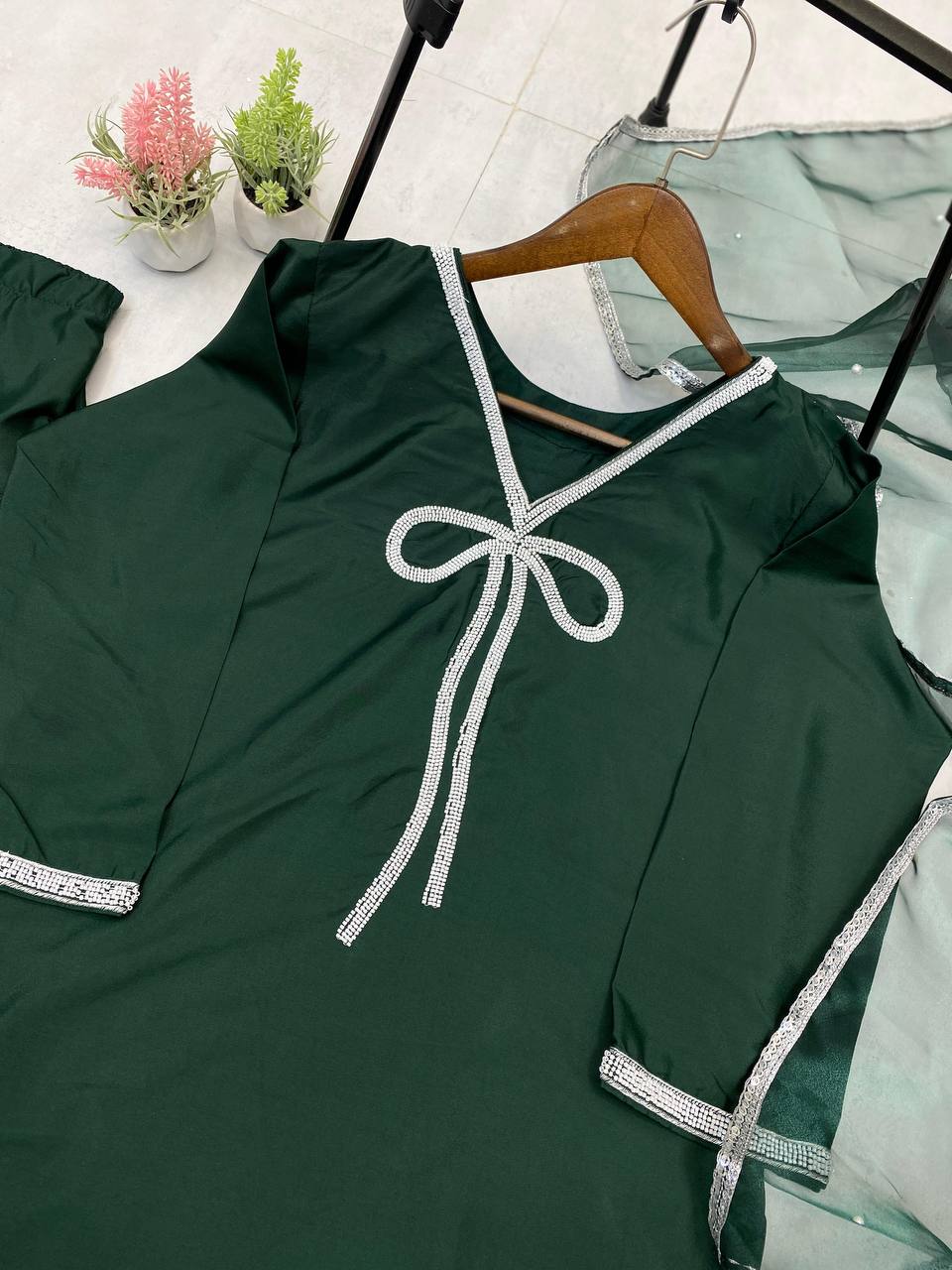 Mesmerizing Green Color French Crepe With Beads Work Designer Salwar Suit