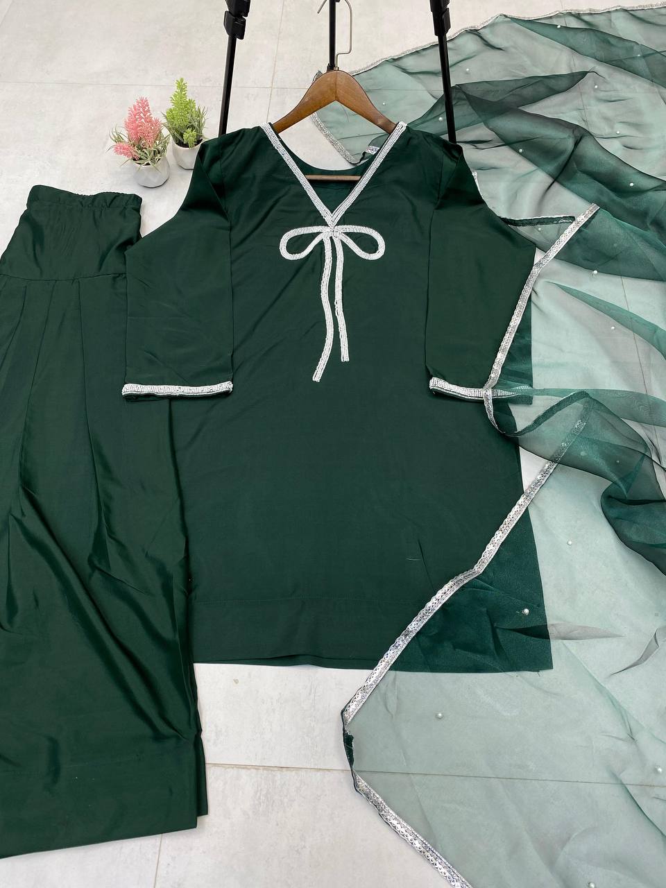 Mesmerizing Green Color French Crepe With Beads Work Designer Salwar Suit