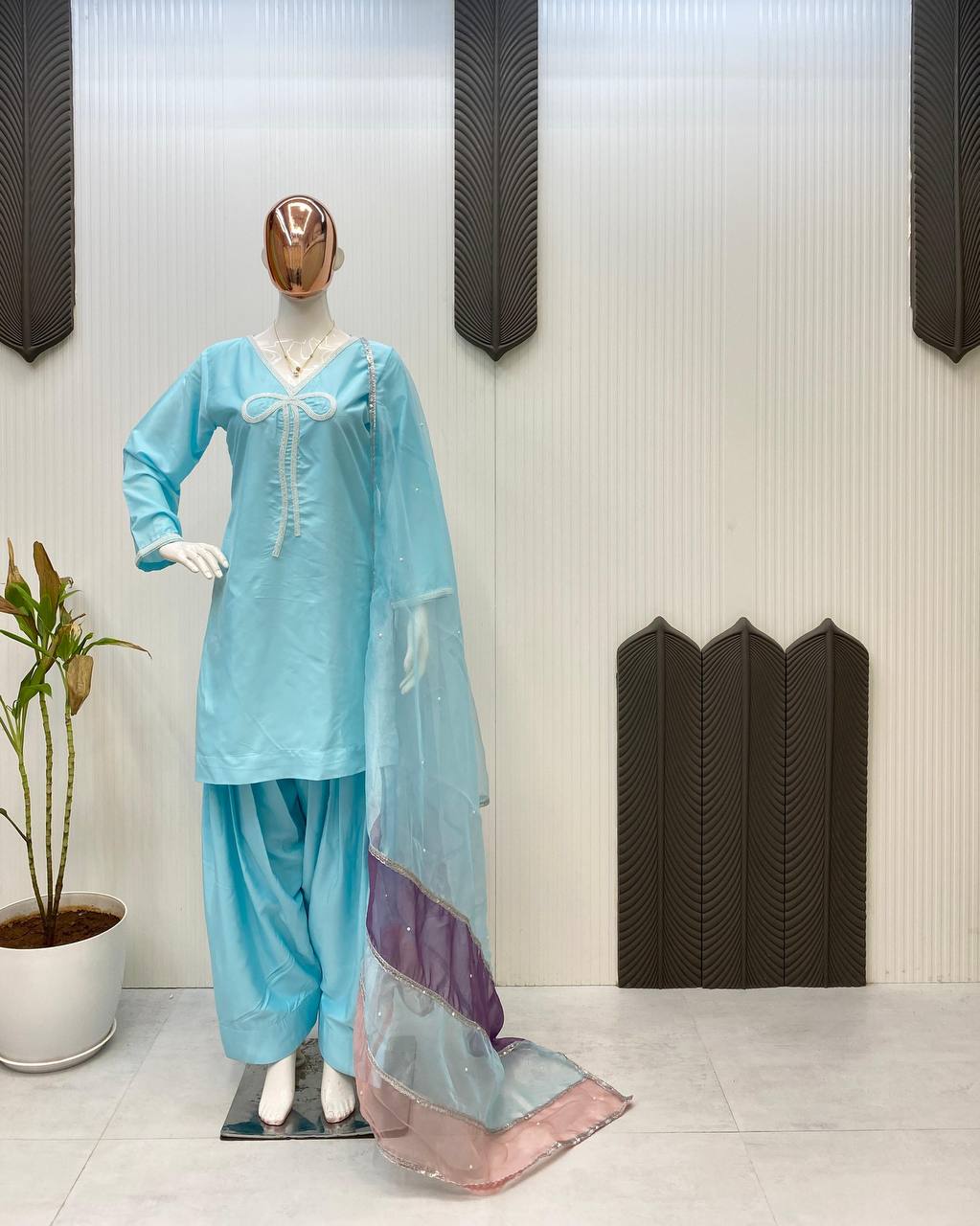 Shining Sky Color French Crepe With Beads Work Designer Salwar Suit