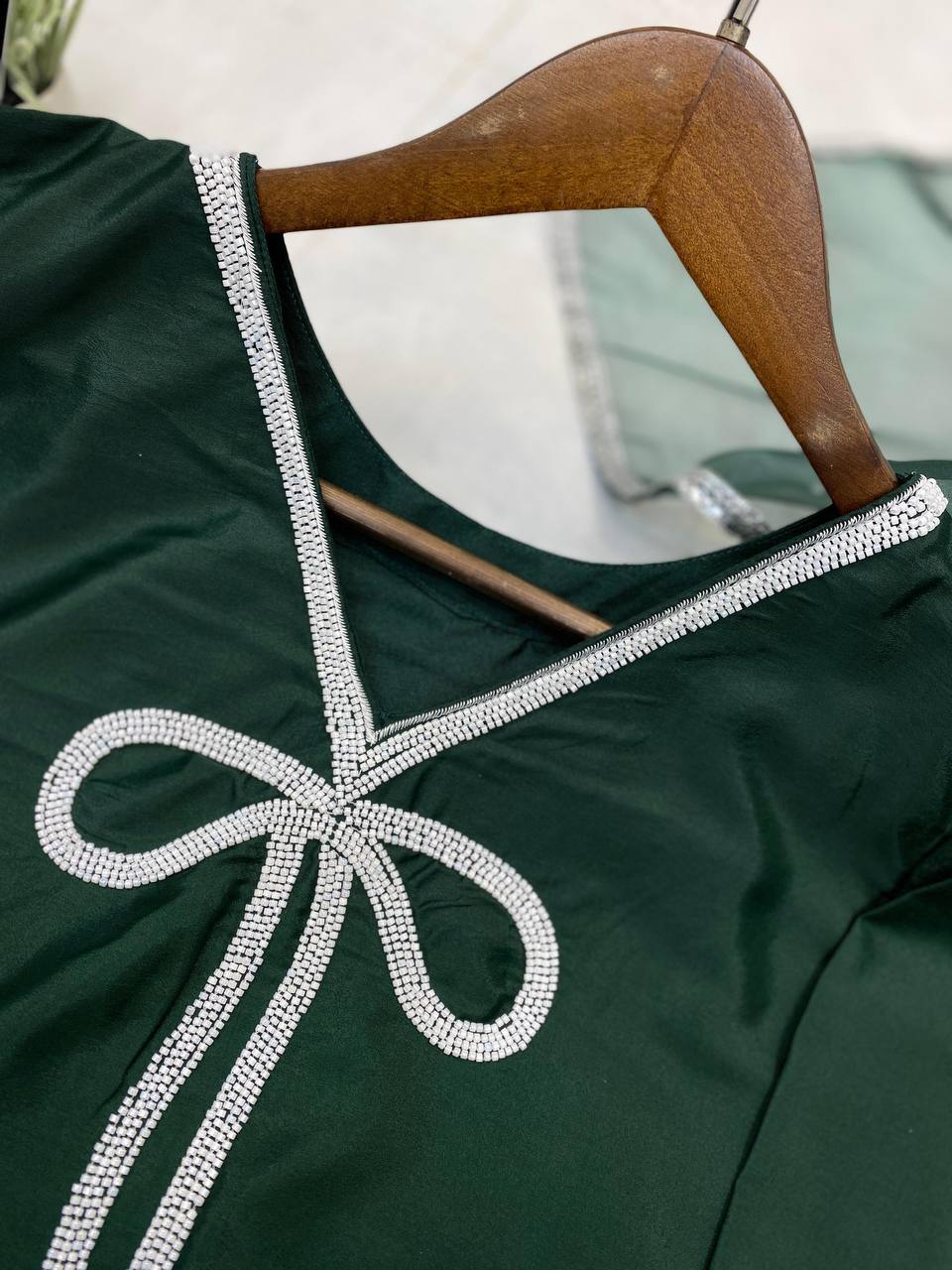 Mesmerizing Green Color French Crepe With Beads Work Designer Salwar Suit