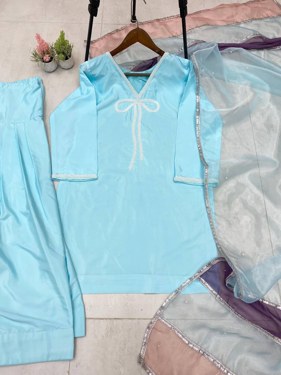 Shining Sky Color French Crepe With Beads Work Designer Salwar Suit