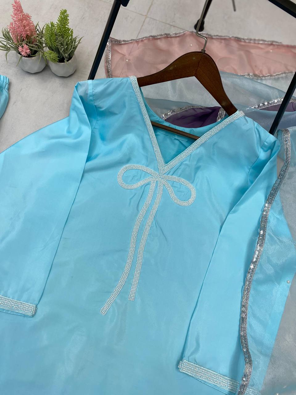 Shining Sky Color French Crepe With Beads Work Designer Salwar Suit