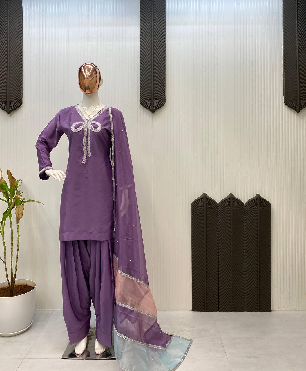 Shining Lavender Color French Crepe With Beads Work Designer Salwar Suit