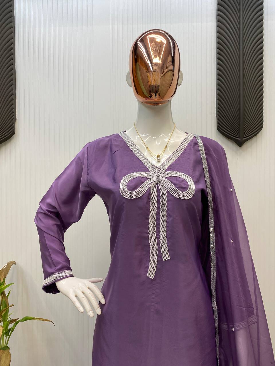 Shining Lavender Color French Crepe With Beads Work Designer Salwar Suit