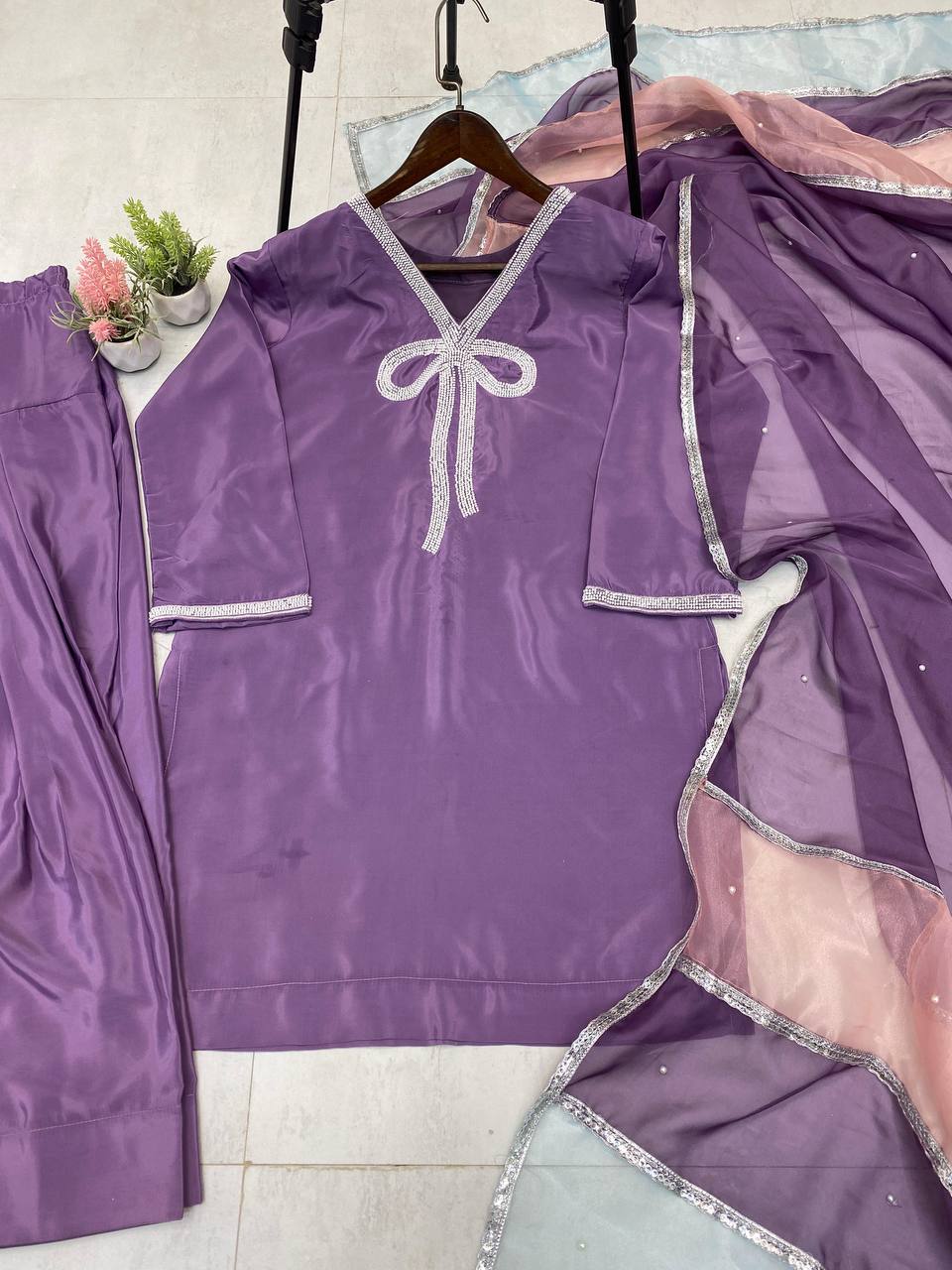 Shining Lavender Color French Crepe With Beads Work Designer Salwar Suit