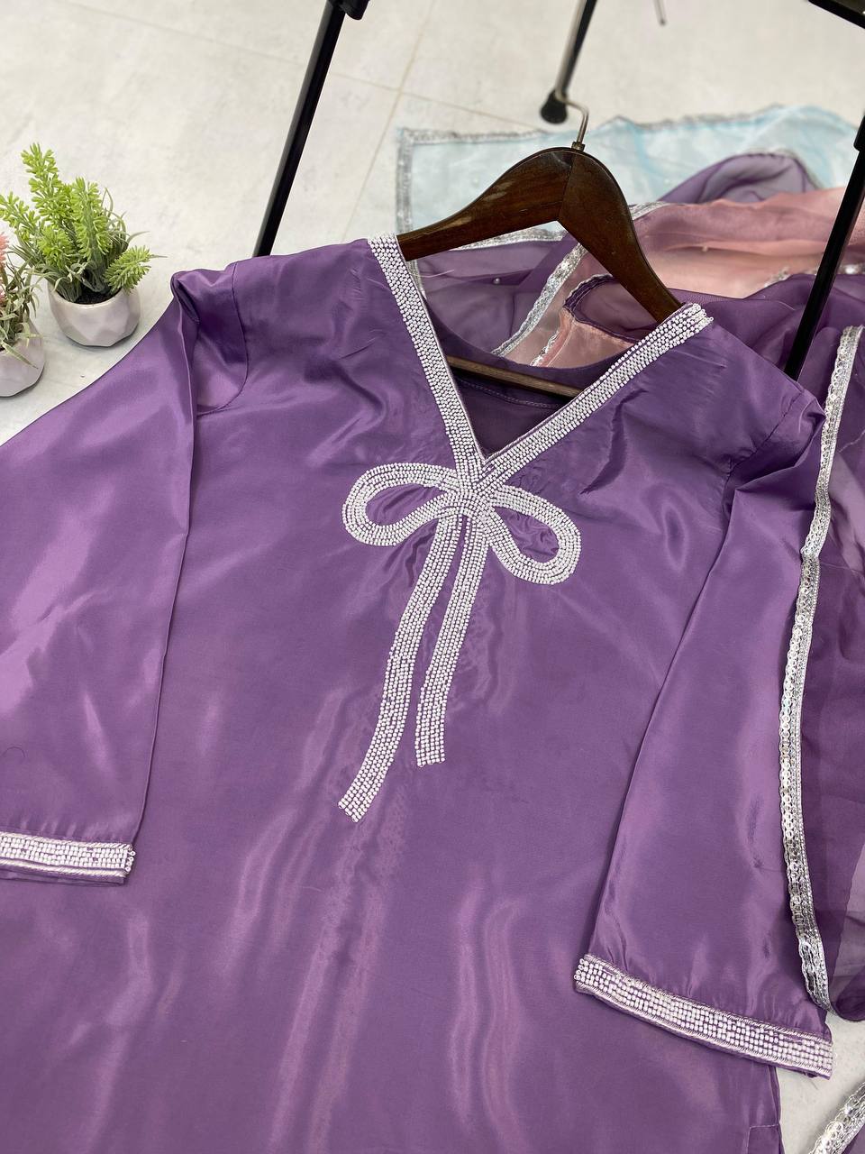 Shining Lavender Color French Crepe With Beads Work Designer Salwar Suit