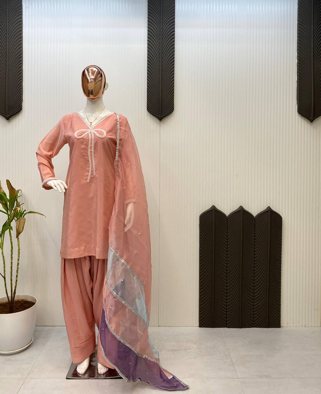 Beautiful Peach Color French Crepe With Beads Work Designer Salwar Suit