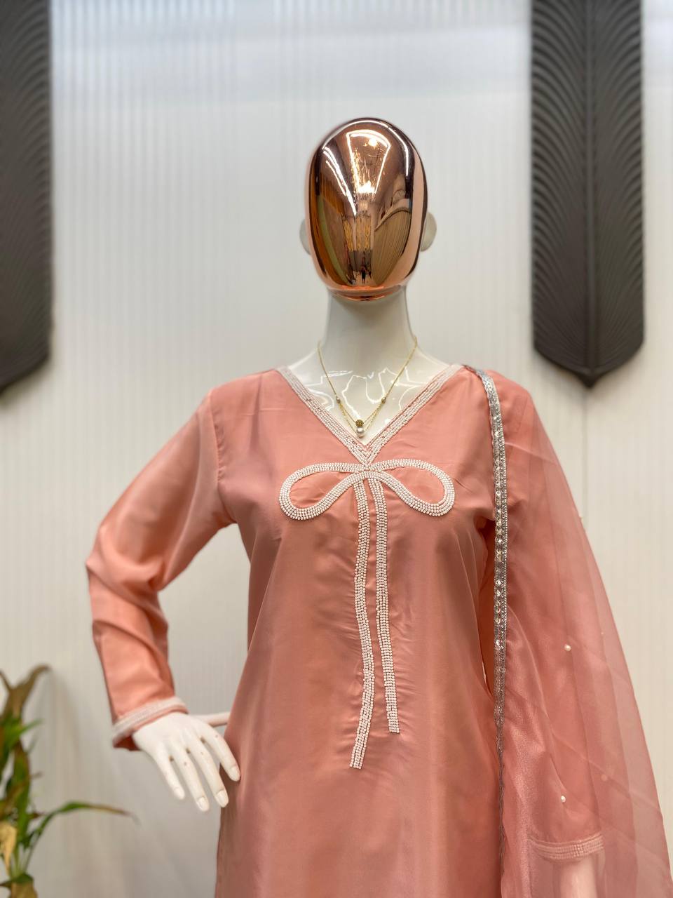 Beautiful Peach Color French Crepe With Beads Work Designer Salwar Suit