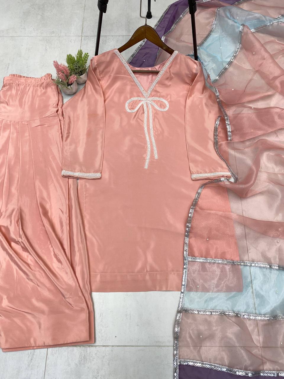 Beautiful Peach Color French Crepe With Beads Work Designer Salwar Suit