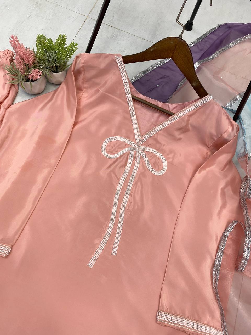 Beautiful Peach Color French Crepe With Beads Work Designer Salwar Suit