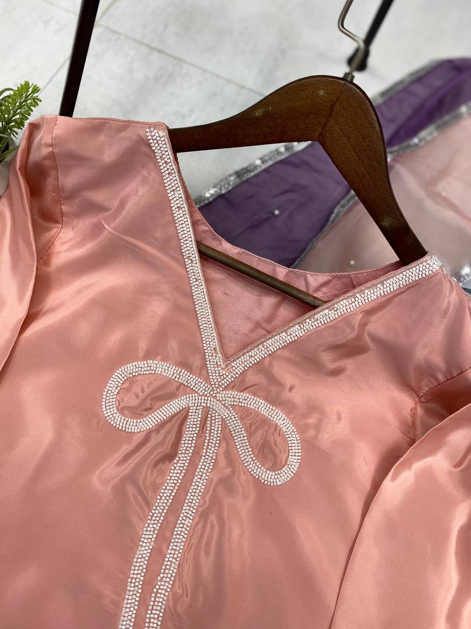 Beautiful Peach Color French Crepe With Beads Work Designer Salwar Suit