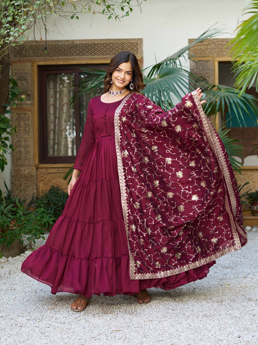 Reception Wear Wine Color Pure Vichitra Silk Designer Gown