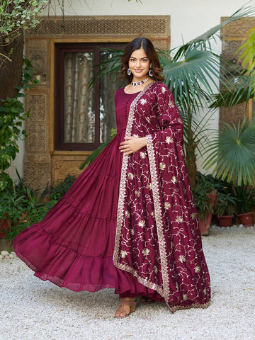 Reception Wear Wine Color Pure Vichitra Silk Designer Gown