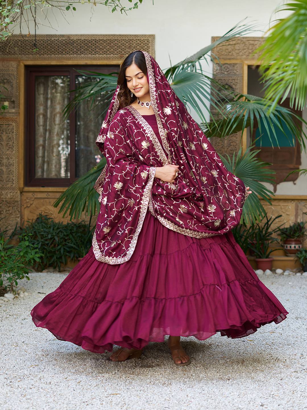 Reception Wear Wine Color Pure Vichitra Silk Designer Gown