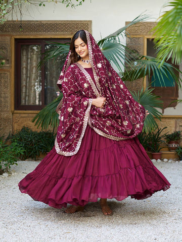 Reception Wear Wine Color Pure Vichitra Silk Designer Gown