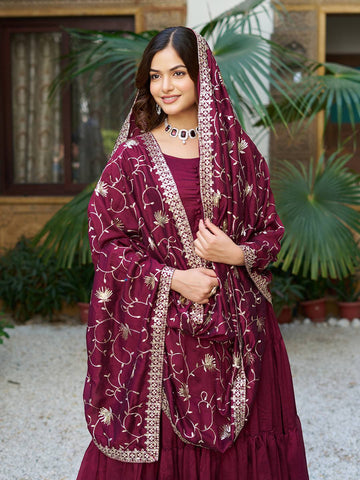 Reception Wear Wine Color Pure Vichitra Silk Designer Gown