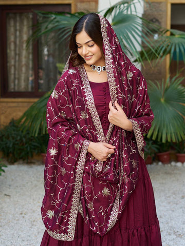 Reception Wear Wine Color Pure Vichitra Silk Designer Gown