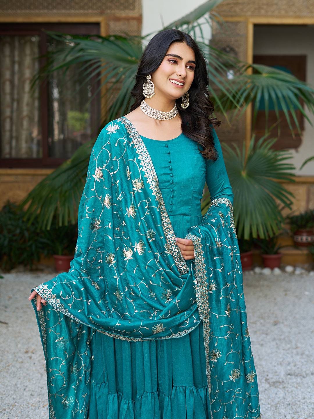 Party Wear Sky Green Color Pure Vichitra Silk Designer Gown