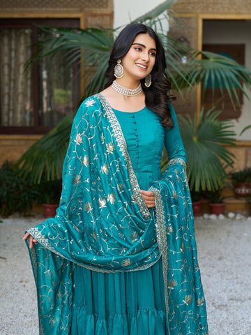 Party Wear Sky Green Color Pure Vichitra Silk Designer Gown