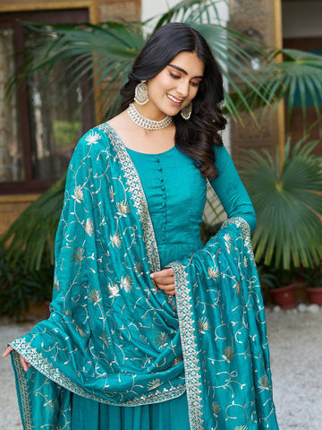 Party Wear Sky Green Color Pure Vichitra Silk Designer Gown