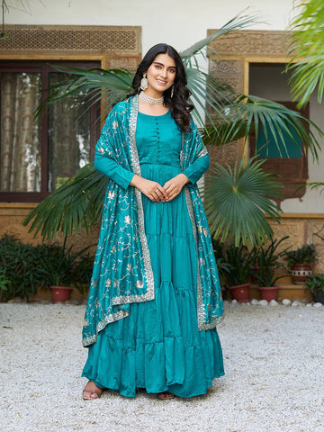 Party Wear Sky Green Color Pure Vichitra Silk Designer Gown