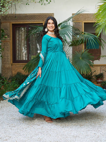 Party Wear Sky Green Color Pure Vichitra Silk Designer Gown