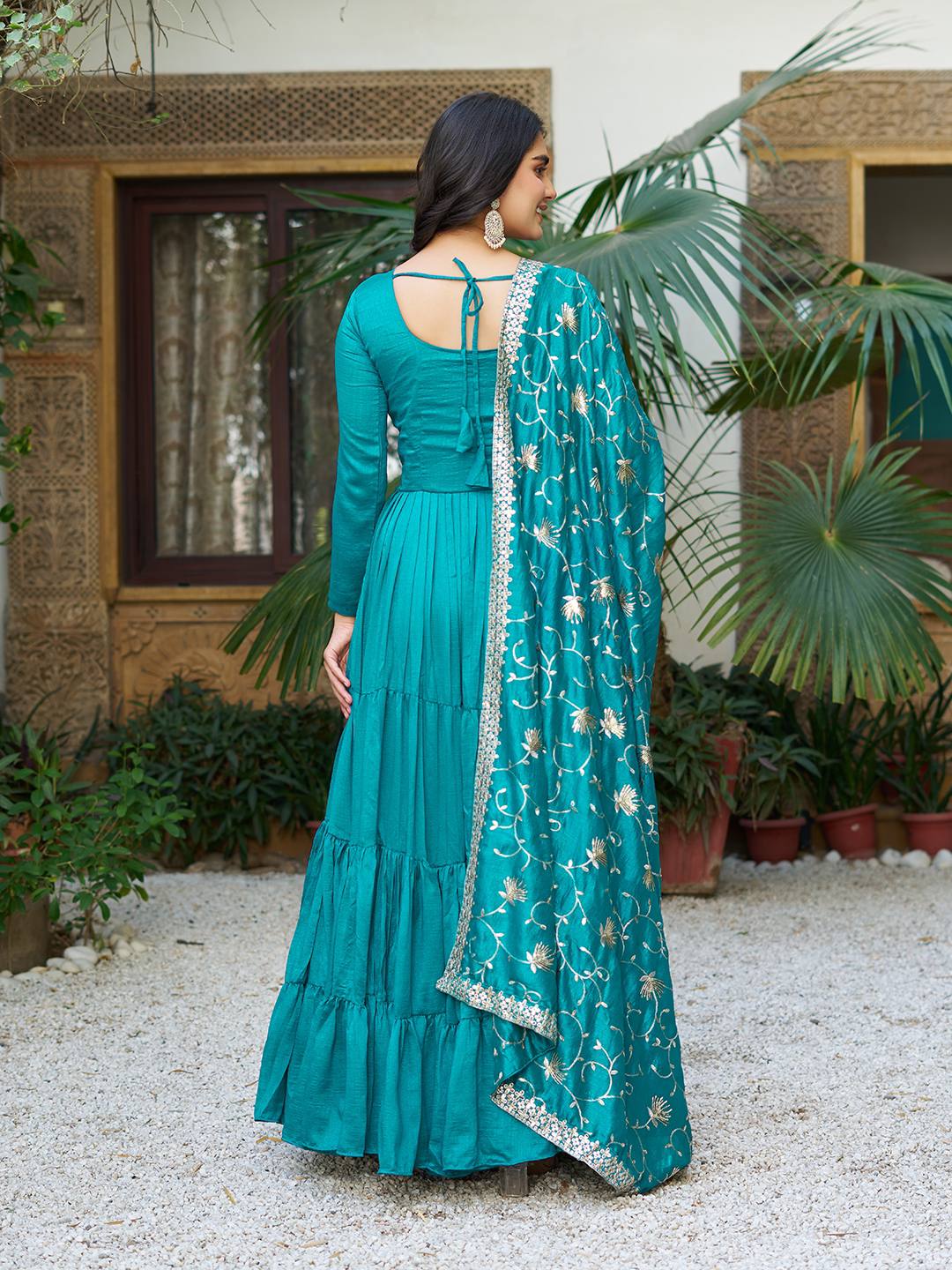 Party Wear Sky Green Color Pure Vichitra Silk Designer Gown