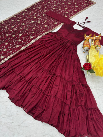 Reception Wear Wine Color Pure Vichitra Silk Designer Gown