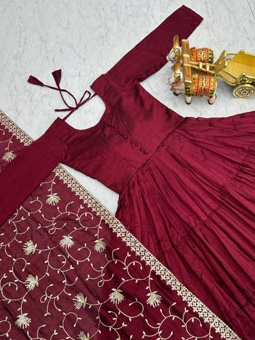 Reception Wear Wine Color Pure Vichitra Silk Designer Gown
