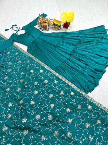 Party Wear Sky Green Color Pure Vichitra Silk Designer Gown