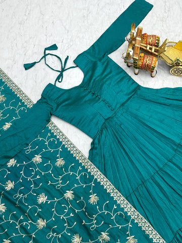 Party Wear Sky Green Color Pure Vichitra Silk Designer Gown